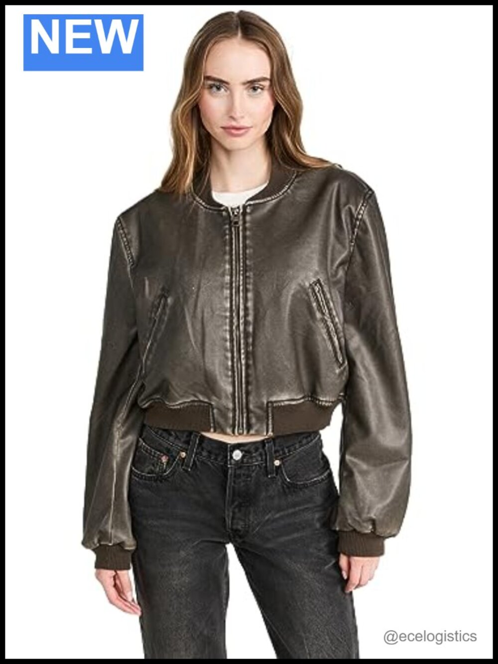 Faux Leather Bomber Jacket Cropped Zip Up